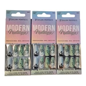 3pk Blue Green UFO Salon Perfect Modern Nostalgia Nail Sets - (Coffin Long)